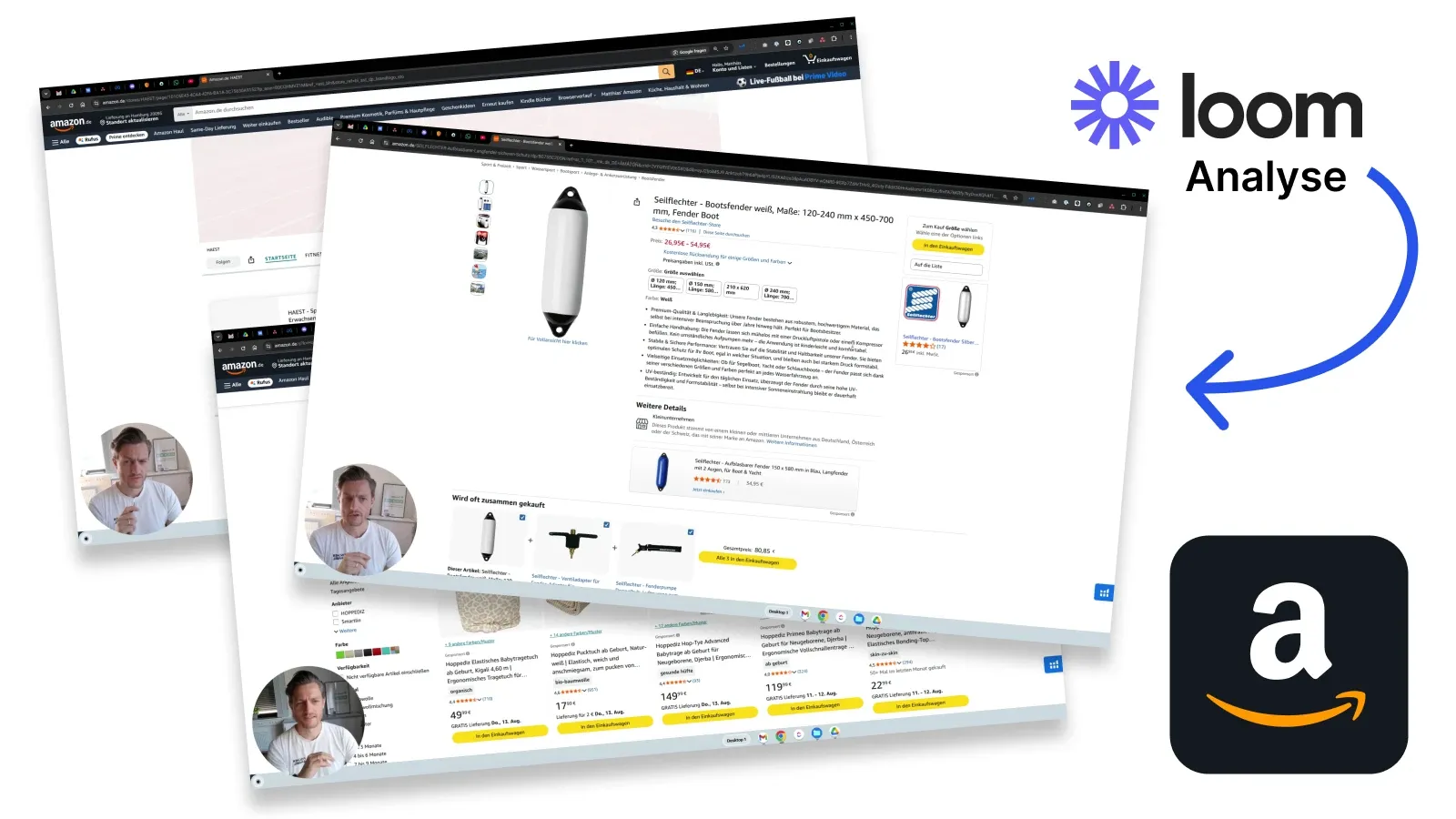 Loom-Videoanalyse von Amazon-Produktseiten: drei Screenshots mit eingeblendeter Sprecheraufnahme